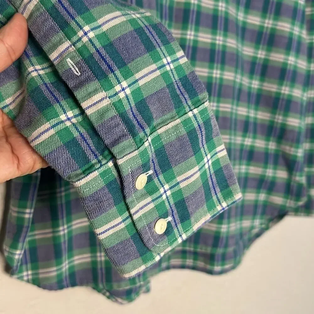 J. Crew Boy Shirt Green Blue Plaid Button Up Front Preppy Casual Western Farm